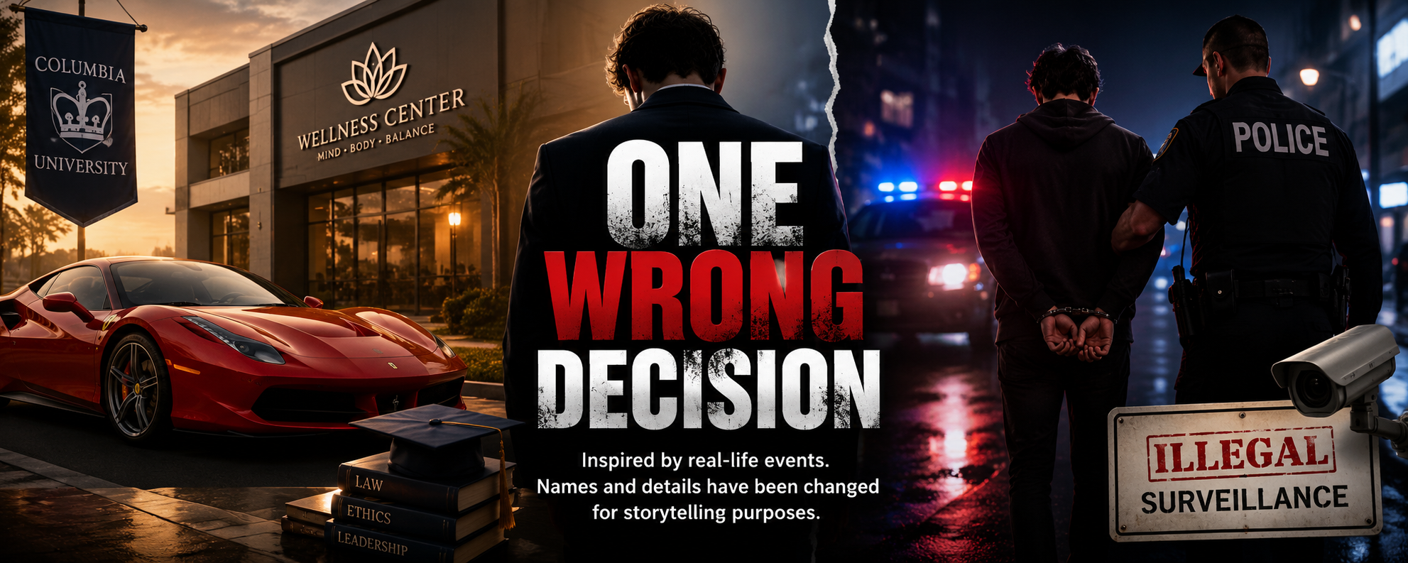 Dramatic poster for One Wrong Decision showing a wellness center, sports car, police scene, and illegal surveillance sign.